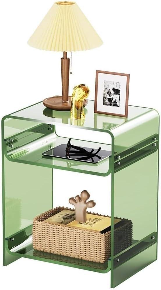 Acrylic Side Table with Storage Transparent End Table for Living Room Storage Shelf Acrylic Nightstand Long-Lasting(Green)