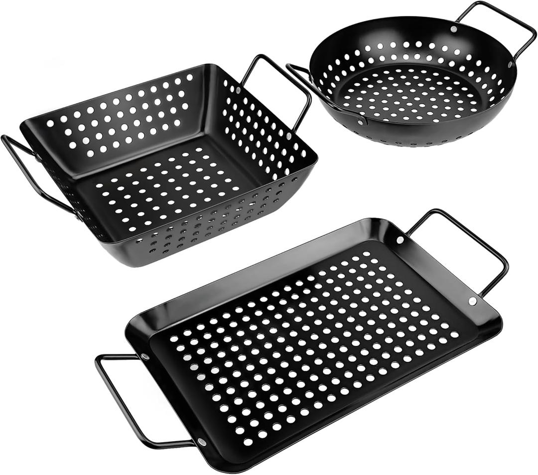 Small Non-Stick 3 Piece Grill Basket Set  BBQ Grilling Basket for Vegetables, Seafood & Meat  Heavy Duty Perforated Grill Pan for Charcoal, Gas and Outdoor Grills, Easy to Clean Grilling Accessories
