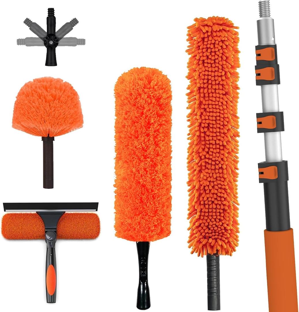 LAANPOLE 26FT High Reach Duster Cleaning Kit with Extension Pole, High Ceiling Fan Cleaner Duster Tool for Fan Blades, Window Washing Kit with Microfiber Feather Duster & Window Squeegee, 20FT