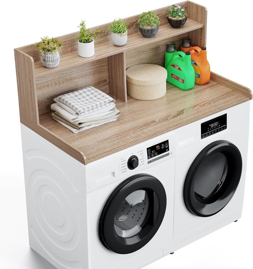Washer Dryer Countertop with 2 Tier Shelf, 27.5" W 54" L Laundry Wood Countertop with Edge Rails for Laundry Room Organization and Storage