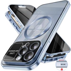 Magnetic Privacy Case for iPhone 14 Pro Max with Full Camera Lens Protector [Safety Buckle Lock] [Compatible with MagSafe] Anti Peep Privacy Screen Protector Double Sided Glass Mag-Safe Phone Case (Blue)