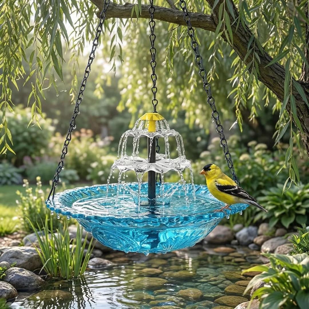 Hanging Solar Bird Bath Fountain,2026 New Solar Cascade Hanging Bird Bath Fountain,Hanging Bird Bath with Water for Outdoors Garden Patio Backyard Lawn Decor(Blue)