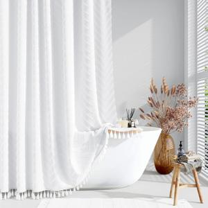 Dynamene Extra Long Shower Curtains, 84 Inches Long Boho Tufted Chevron Striped Fabric Shower Curtains for Bathroom, Tall Minimalist Chic Waterproof Cloth Shower Curtain Set with Hook, White, 72x84