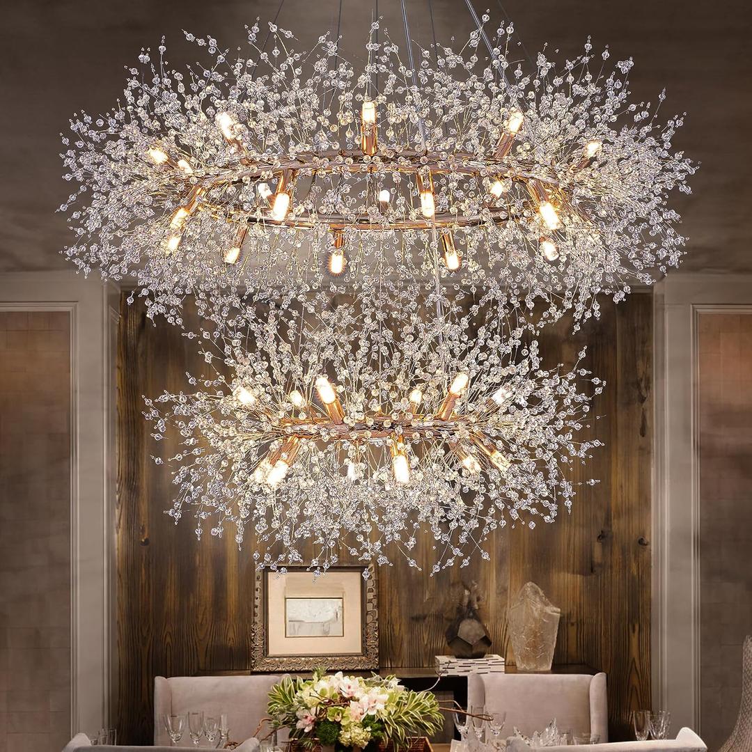 Wellmet Firework Chandelier 2 Tier 38 inch, Modern Crystal Chandelier Gold Dandelion Light Fixture, Mid Century Round Ceiling Lighting for Dining Room, Foyer, Living Room, Bedroom, Hallway, Entryway