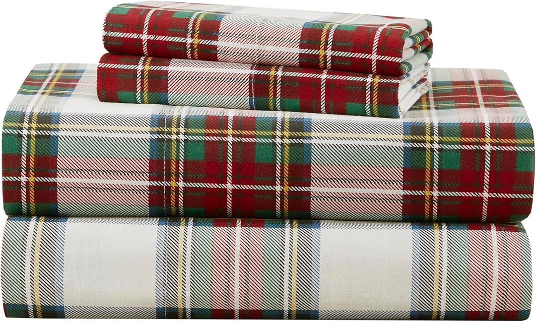 Comfort Spaces 100% Cotton Sheets Queen, Breathable, Naturally Cool Cotton Sheets,Cotton Bed Sheets with 14" Elastic Pocket Fits up to 16" Mattress, All Seasons Sheet Set, Scottish Plaid Red 4 Piece