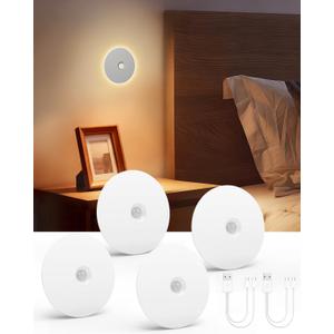 Yiliaw Motion Sensor Night Light, Rechargeable Nightlight Indoor, Dimmable Warm White with Wireless Magnetic Mount, Adjustable Brightness & 3 Color Temps for Hallway, Stair, Bathroom, Closet (4 Pack)
