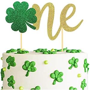 Glitter Shamrock One Cake Topper, Saint Paddy's Day Irish Themed 1st Birthday Party Supplies, 4 Leaf Clover Food Picks Glitter Party Decorations