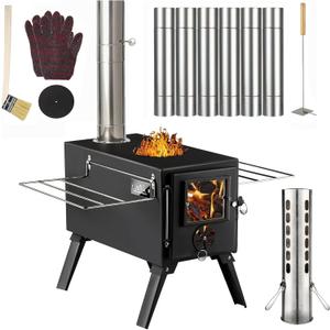 Hot Tent Stove,AVOFOREST Wood Burning Stove,Small Wood Stove with 7 Stainless Chimney Pipes for Outdoor Heating & Cooking, Ice Fishing, Hunting (black)