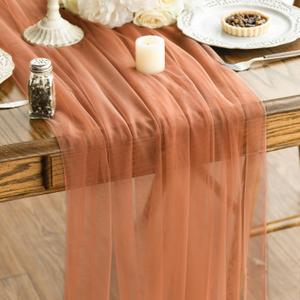 Artoid Mode Terracotta Gauze Table Runner 120 Inch 10FT, Seasonal Sheer Kitchen Dining Holiday Wedding Birthday Baby Shower Table Decor for Home Party (59" x 120")