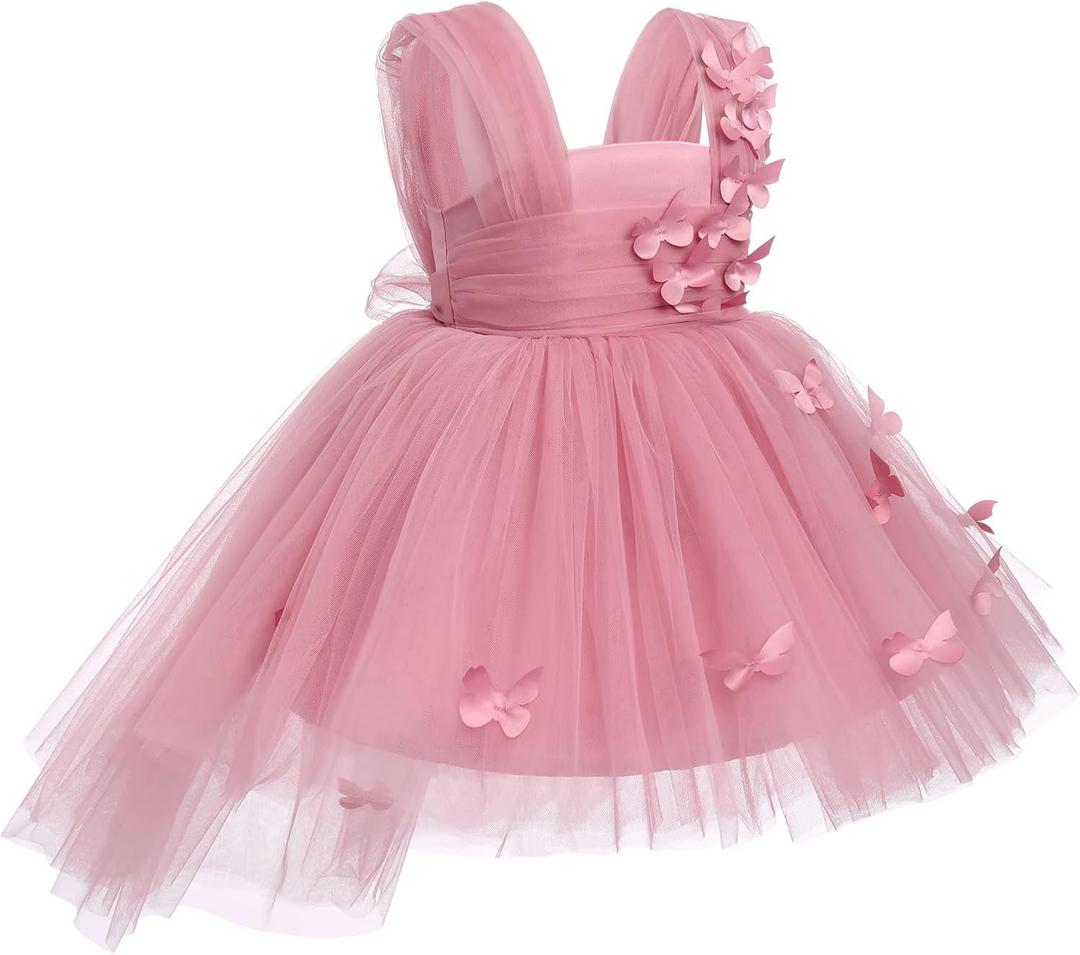Flower Girls Butterfly High Low Tutu Dress for Kids Baby First Communion Wedding Party Dresses Toddler Little Princess Pageant Bridesmaid Birthday Baptism Tulle Gowns Dusty Pink Butterfly (3-4 Years)