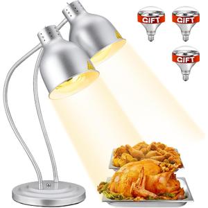 Food Heat Lamp: [Rapid-Heating Bulbs Included] [Steady Heating] Commercial Food Warmer Lamp, Electric Heat Light for Catering Food Warming Light for Buffet Parties (Painted Silver, 32" (2-Head))