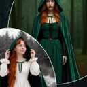 Velvet Hooded Cloak for Adults Full-Length Medieval Cape with Oversized Hood for Halloween Cosplay Gothic Wizard (Green, M)