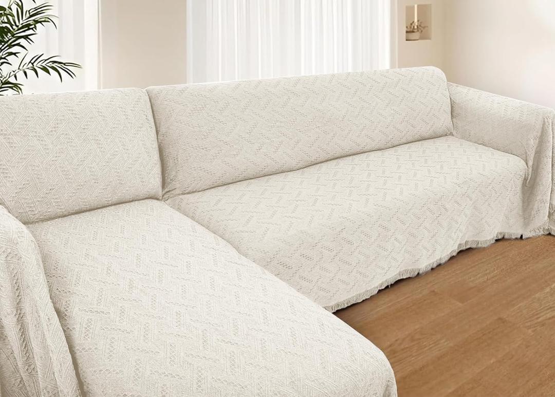Sectional Couch Covers for Sectional Sofa L Shaped Sofa Cover Blanket 2 Pieces L Shape Furniture Protector for Pets Dogs(Ivory, X-Large)