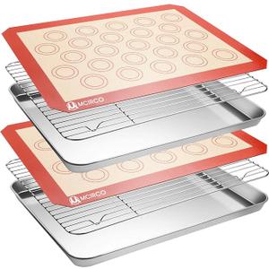 MCIRCO 6 Piece Stainless Steel Baking Sheet with Rack with Silicone Baking Mat Set (2 Pans + 2 Racks + 2 Mats), 17.3 x 13 x 1 Inch Cookie Sheet with Cooling Rack, Easy Clean