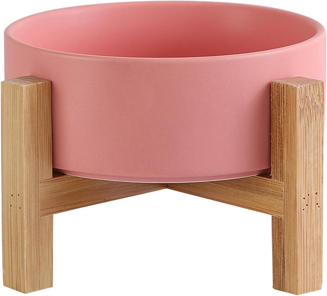 Elevated Ceramic Cat Bowl - Cat Food Bowl with Bamboo Stand - Raised Dog Dish for Puppies - Anti Vomiting, Stress Free - 13.5 oz / 400 ml - Pink (Small)