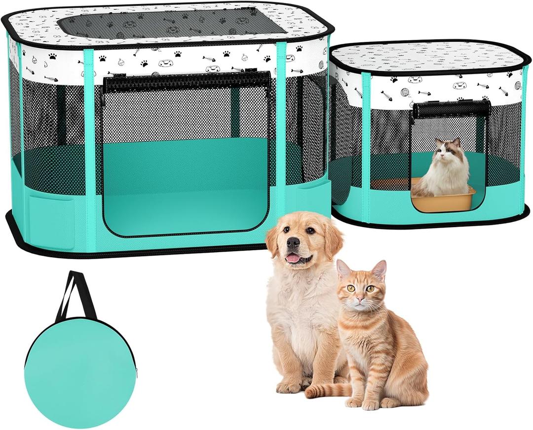 Portable Cat Playpen, 8-Rod Reinforced Kitten Dog Playpens, Foldable Play Pen for Indoor Cats Enclosed Pet Puppy Doggy Outdoor, Collapsible Tent Kennel Cage House(32"x24"x22") (Green)