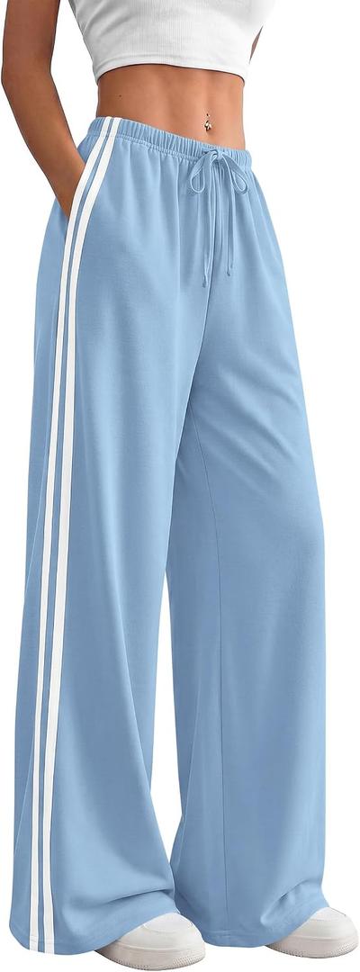 PRETTYGARDEN Womens Wide Leg Sweat Pants Striped Flowy Pants Trousers (M)