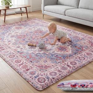Huloo Sleep Baby Play Mat for Floor - 79x118 Inches 1.3" Thick Elasti-Foam Playpen Mat for Toddlers Infant Kids, Water-Repellent Nursery Rug, Non-Slip Backing for Crawling & Tummy Time, Isfahan