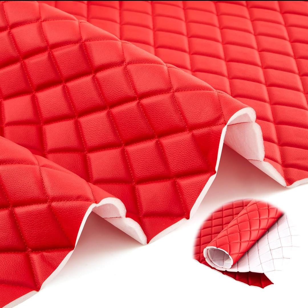 SmoothNovelty 2.1 Yards Diamond Quilted Vinyl Headliner Material 55 in Wide Faux Leather with Foam Backed 2" x 3" Diamonds Pattern Fabric for Car Automotive Furniture Upholstery(Red)
