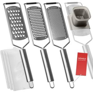 Vovoly 4-Pcs Pro Set Zester Grater Set, Cheese Grater with Razor-Sharp Stainless Steel Blade, Fine/Coarse/Extra Coarse/Slider Attachment
