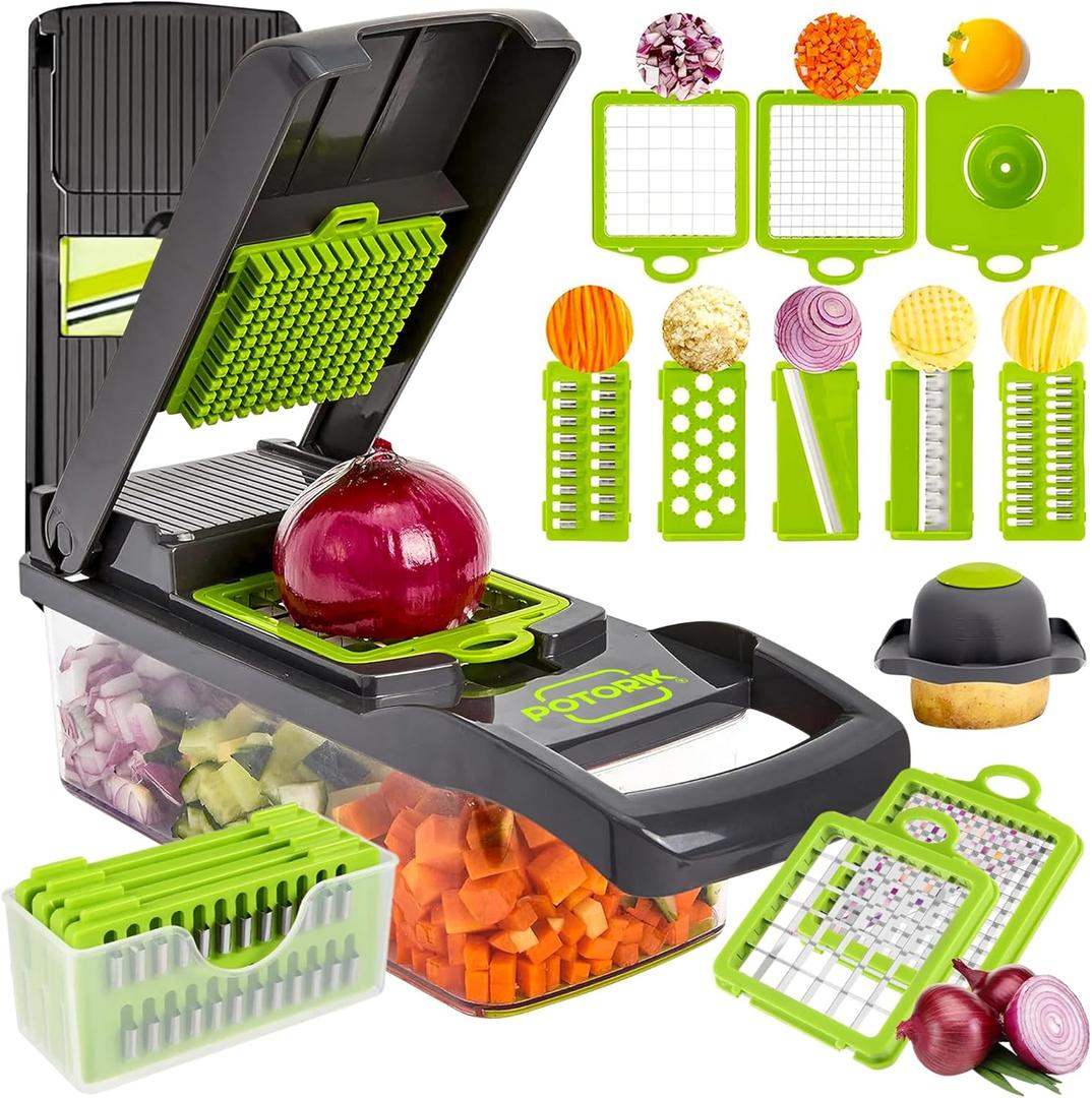 16-in-1 Vegetable Chopper & Mandoline Slicer  Multifunctional Food Chopper with Container, Vegetable Cutter, Dicer & Spiralizer for Onion, Salad & Fruits  Kitchen Gadget Essential