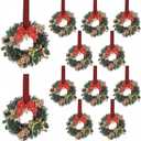 Zeyune 12 Pcs Small Christmas Wreaths for Kitchen Cabinets with Plaid Bow Ribbon Hanging Mini Christmas Cabinet Door Wreaths Decor for Kitchen Window Outdoor Indoor Holiday Decor, 14.96 x 7.87''