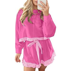 MISSACTIVER Ruffle 2 Piece Sets For Women Long Sleeve Color Block Crop Sweatshirt Drawstring Shorts Fall Patchwork Lounge Set(size M)