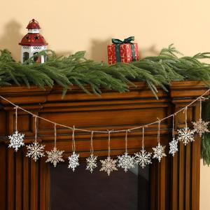 2 Pcs 6.5ft Christmas Snowflake Garland Banner, Rustic Winter Wooden Snow Banner Hanging Ornament Party Decorations for Fireplace Mantle Xmas Tree Home Mantel Fireplace Window Decor