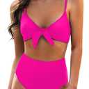 Blooming Jelly Womens High Waisted Bikini Set Tie Knot High Rise Two Piece Swimsuits Bathing Suits (Large, Neon Hot Pink)