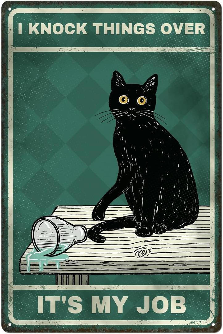 Funny Black Cat Tin Sign - Vintage "I Knock Things Over" Retro Decor, Sarcastic Metal Sign for Home, Kitchen, Bar, Unique Cat Lover Gifts, 8x12 Inch