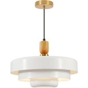 3-Layer White Metal Shade Pendant Light, Mid Century Adjustable Hanging Light with Wood Gold Canopy, E26 Ceiling Pendant Lamp for Kitchen Table Over Sink Bedroom, 13.8 Inch