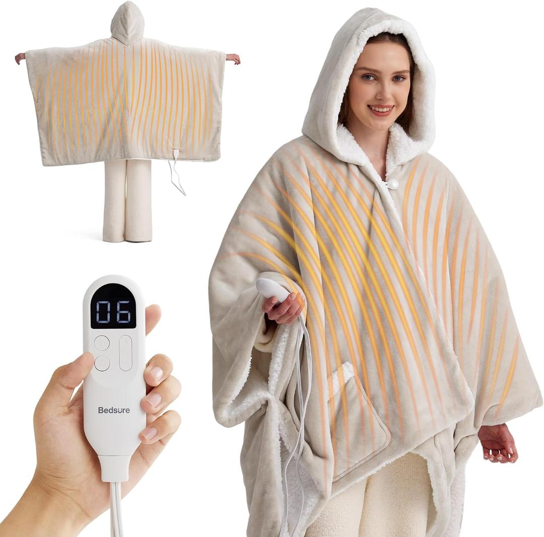 Bedsure Heated Blanket Wearable Shawl - Electric Wrap Poncho Blanket Hoodie for Adult, Winter Gifts for Mom Women Girlfriend, Warm Sherpa Heating Throw, Auto Shut Off, 55x64 inches, Cream