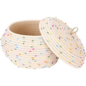 Sea Team Round Cotton Rope Storage Basket with Lid, Colorful Rainbow Pompom Woven Storage Bin, Pot, Caddy, Organizer, Container for Snacks, Towels, Plants, 10 x 7.5 Inches (Small, Rainbow)