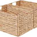Vagusicc Wicker Storage Basket, Set of 2 Hand-Woven Storage Baskets for Organizing, Small Wicker Basket for Toilet Paper, Foldable Large Cube Storage Organizer Basket Bins for Shelves (Water Hyacinth)