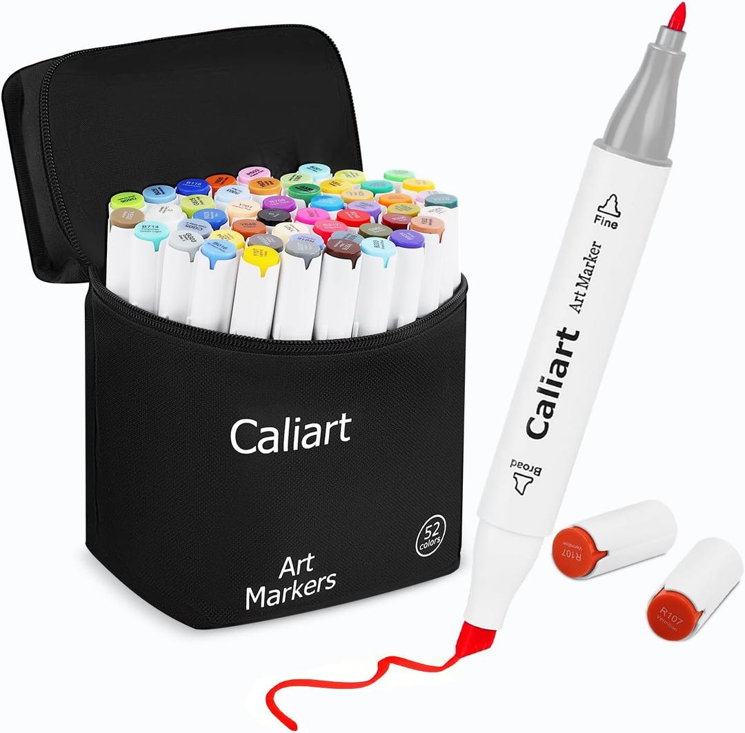 Caliart 52 Colors Alcohol Markers Dual Tip, Fine & Chisel Permanent Drawing Pens with Case, Based Art Markers for Adult Coloring Books No Bleeding, Artist Sketch Illustration Lettering Craft Supplies (52 Count (Pack of 1))