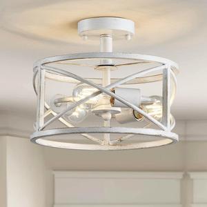 Chandelier 3-Light Vintage Farmhouse Industrial Semi-Flush Mount Ceiling Light Lighting Fixture for Foyer Bedroom Hallway Storage Room Kitchen Bathroom, H 9.4" x W 12", E26 Base, Antique White