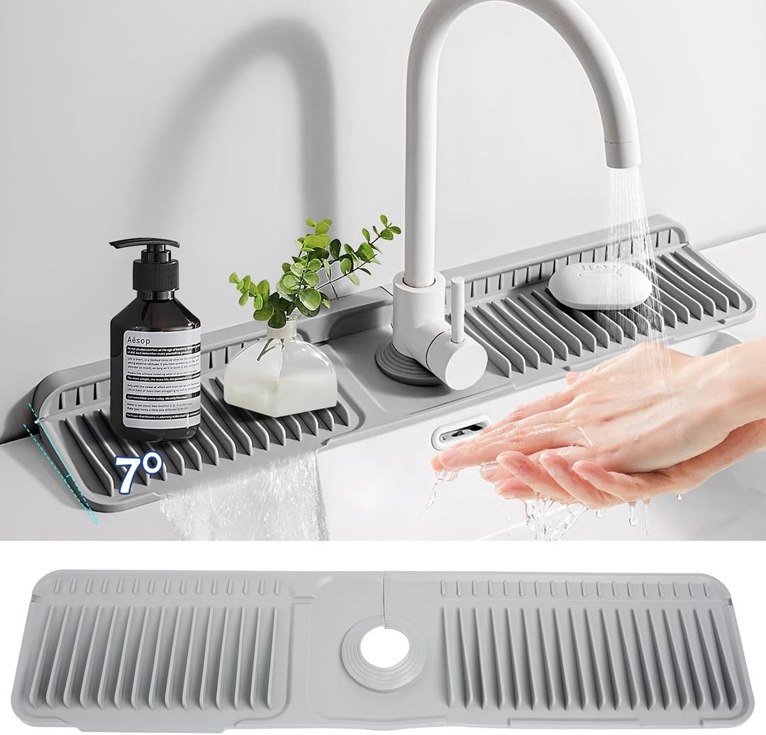 24"Longer Silicone Faucet Mat For Kitchen Sink Splash Guard -7 Slope Snap Lock- Sink Faucet Mat Splash Guard Kitchen Sink Area Silicone Sink Water Splash Guard Behind Faucet (Gray, 24"x5.5")