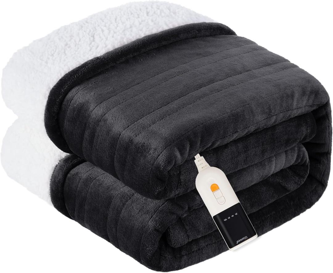 Heated Blanket Electric Blanket Queen Size Soft Flannel Sherpa, 6 Heat Levels Fast Heating, 2 to 10 Hours Auto-Off Detachable Controller Machine Washable, Grey 84"x90" Black