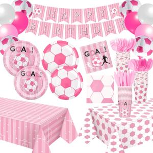Zhehao 143 Pcs Sport Birthday Decorations Party Supplies Serves 24 Include Sport Themed Plate Fork Napkin Cup Banner Balloon Tablecloth for Birthday Party Favor(Pink,Soccer)