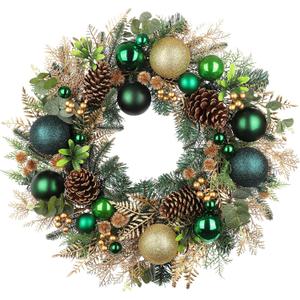 24" Christmas Wreath for Front Door Artificial Christmas Wreaths with Green Ball Ornaments Berries Pine Cones Norfolk Pine Needles Cedar Decor for Home Porch Wall Window Indoor Outdoor Xmas Decoration