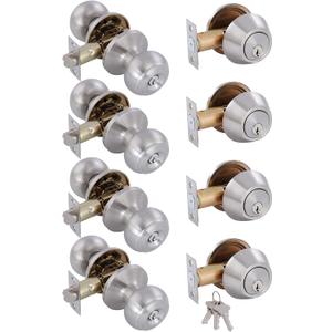 (4 Pack) All Keyed Identical Deadbolt Door knob Single Cylinder Deadbolt Lock Combo Set, Classic Satin Nickel Exterior Door Knobs with Deadbolt Entrance and Front Door Lock