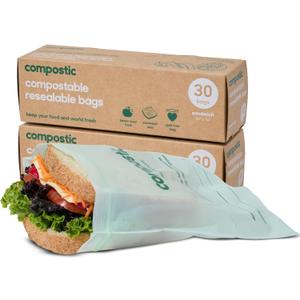 Compostic Home Compostable Resealable Sandwich Bags, Microwave & Freezer Safe, Organic Food Storage Container, 60 Count