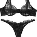 Lilosy Sexy Floral Lace Scallop Underwire Push Up Sheer Lingerie Set Outfits (Black, L)