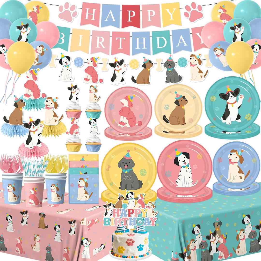 Dog Themed Birthday Party Decorations,Puppy Birthday Party Decorations Vintage Dog Plates and Napkins,Cups,Tablecloth,Happy Birthday Banner,Balloon,Cake Topper for Kids Dog Birthday Party Supplies