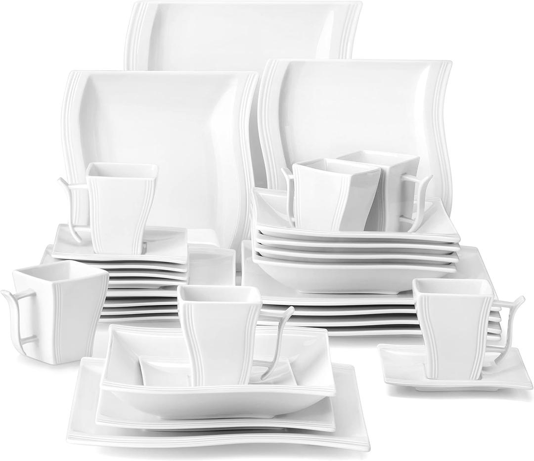 MALACASA Ivory White Dinnerware Sets, 30-Piece Porcelain Plates and Bowls Sets, Modern Dish Set for 6, Square Plates Dinnerware Set Kitchen Dishware Sets, Microwave and Dishwasher Safe, Series Flora