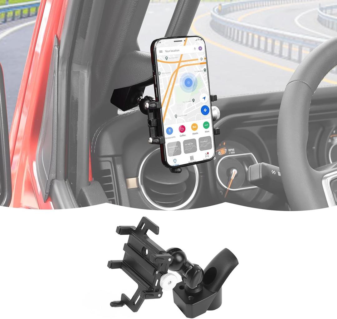 RT-TCZ A-Pillar Phone Holder Bracket Mount Grab Handle Adjustable Anti-Shake Stabilizer Cell Phone Holder Accessories Compatible with Jeep Wrangler JL JLU & Gladiator JT 2024