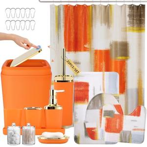 XLHOMO Bathroom Accessories Set - 25PC Bathroom Set with Shower Curtain and Rugs, Orange Bathroom Set, Bathroom Accessory Set with Press-on Lid Trash Can, Soap Dispenser and Qtip Holders