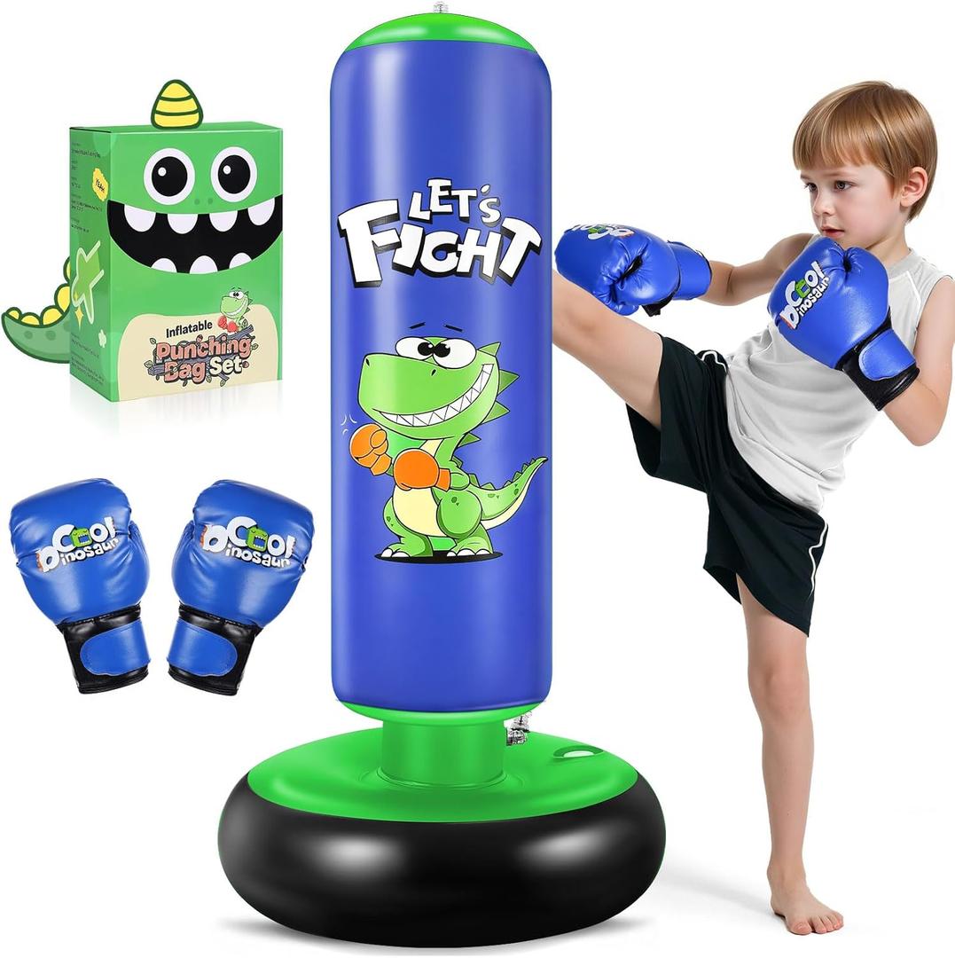 Inflatable Punching Bag, 48" Punching Bag for Kids with Boxing Gloves, Stable Boxing Set for Karate, Taekwondo,Dinosaur Toy & Gifts for Boys 3 4 5 6 7 8 Year Old (Blue)