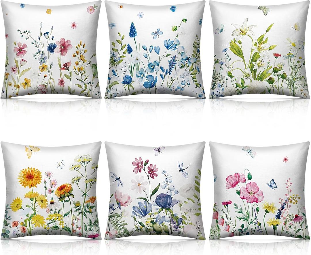 Preboun 6 Pcs Wildflowers Spring Throw Pillow Covers Set Inch Flower Floral Pillow Covers Cushion Cases Pillowcase for Living Room Sofa Couch Bed Car Home Decor(18 x 18 Inch)