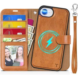 TUCCH Wallet Case for iPhone 17e 16e 6.1", [Removable] [Wrist Strap] Wireless Charging RFID Blocking [4 Card Holders] PU Leather Magnetic Detachable Stand Folio Cover for iPhone 17e/16e, Light Brown